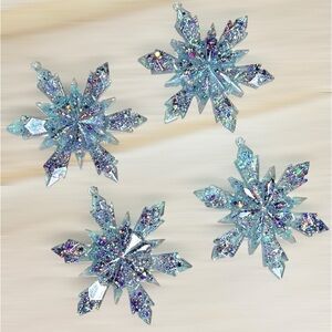Handmade Handcrafted Set of  4 Christmas Glitter 3D Snowflake Resin Ornaments